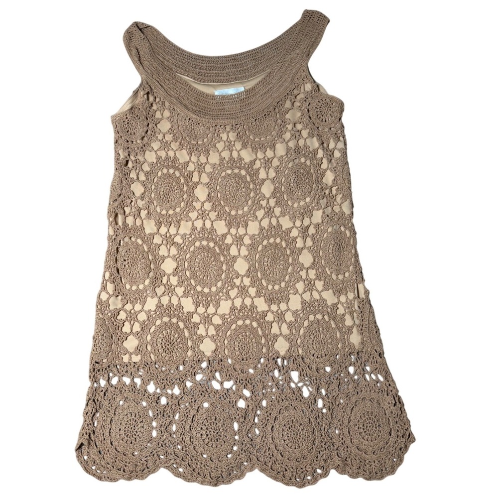 Soft‎ Surroundings Womens XL Crochet Medallion Tunic Tank Top Lined Brown Boho